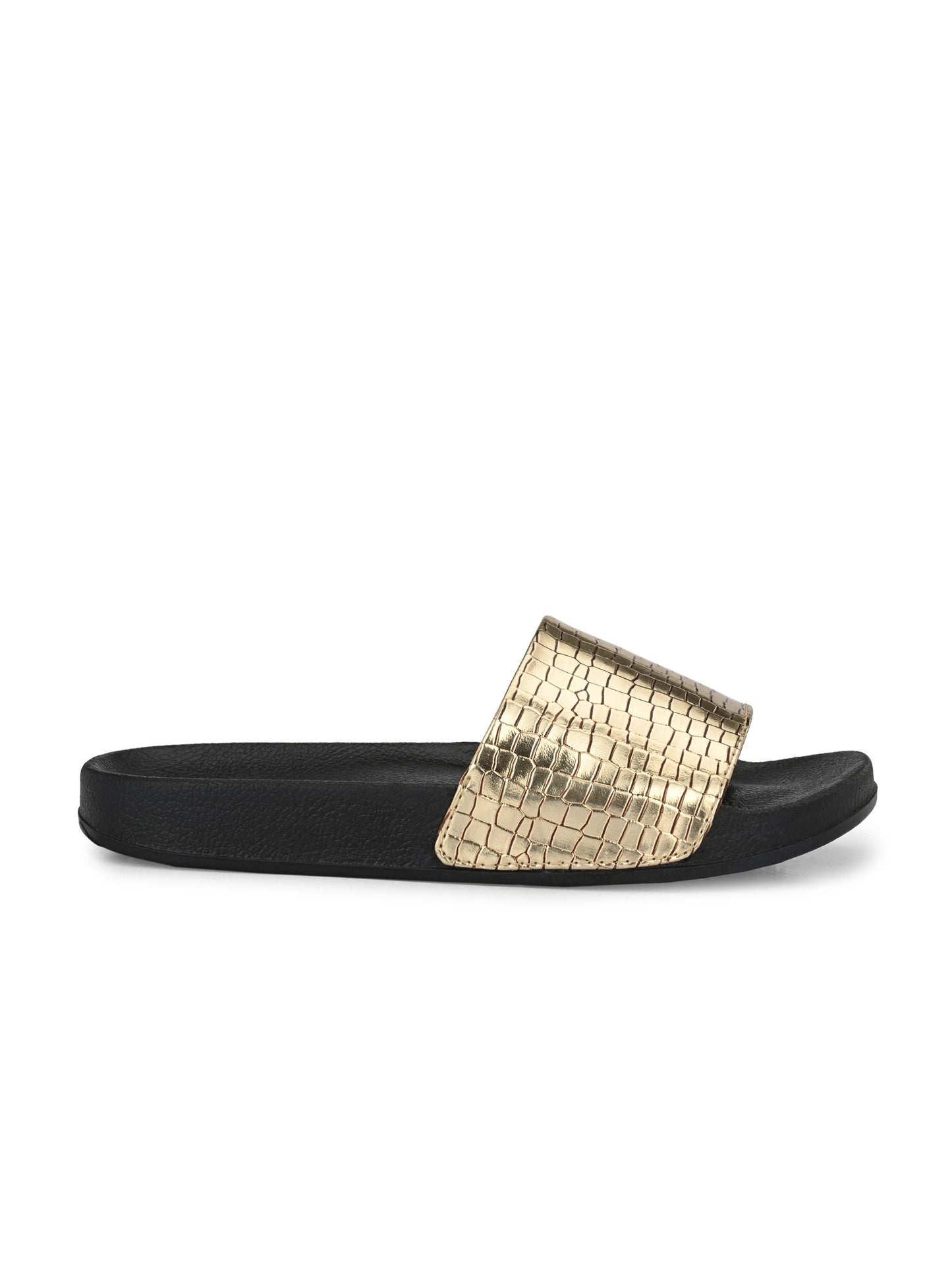 BUCIK Women's Black and Gold Slip-On Casual Sliders