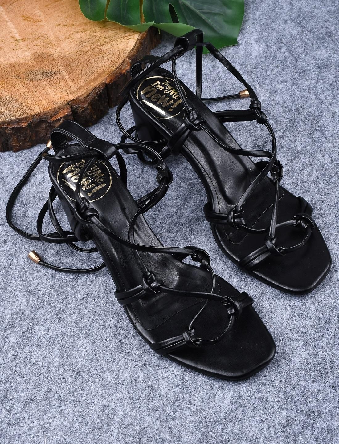 Black Strapped Tie Up Heeled Sandal