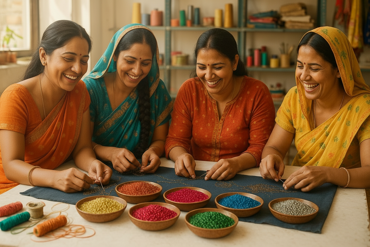 can you generate an image of women indian artisans working with cutdana beads smiling and laughing together, a good reference brand would be Okhai 