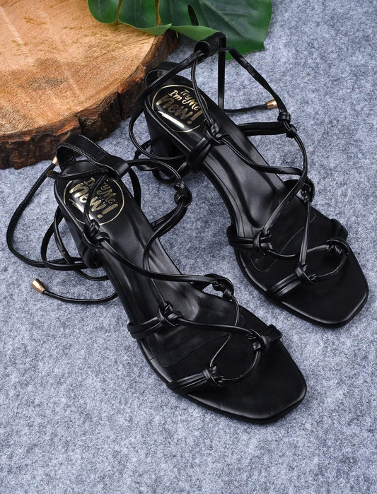 Black Strapped Tie Up Heeled Sandal