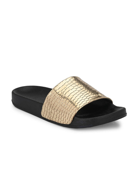 BUCIK Women's Black and Gold Slip-On Casual Sliders